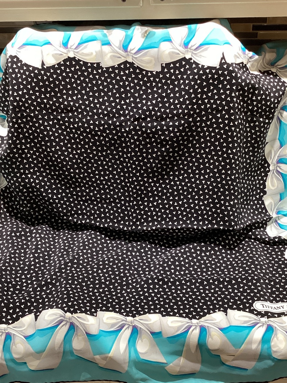 Tiffany & Co. Black Heart Print Scarf with Tiffany Blue Ribbon Border - Picture 2 of 10